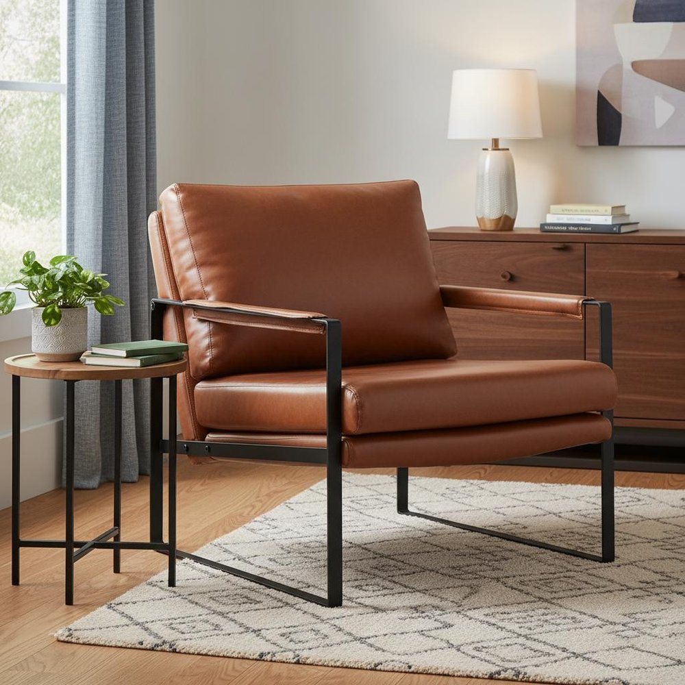 27" Dark Brown Faux Leather And Black Arm Chair — view 6