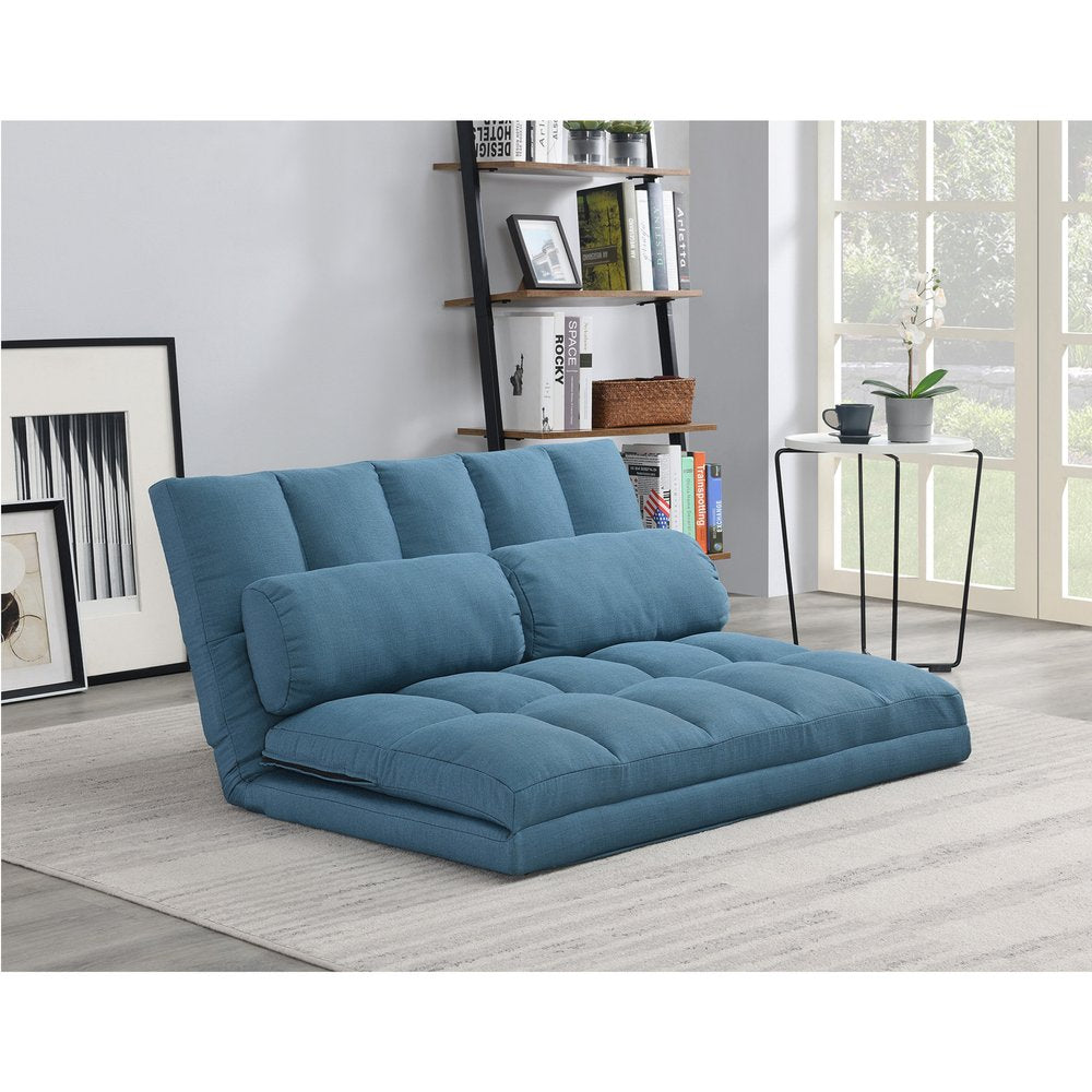 45" Blue Futon Convertible Sleeper Loveseat and Toss Pillows HomeRoots