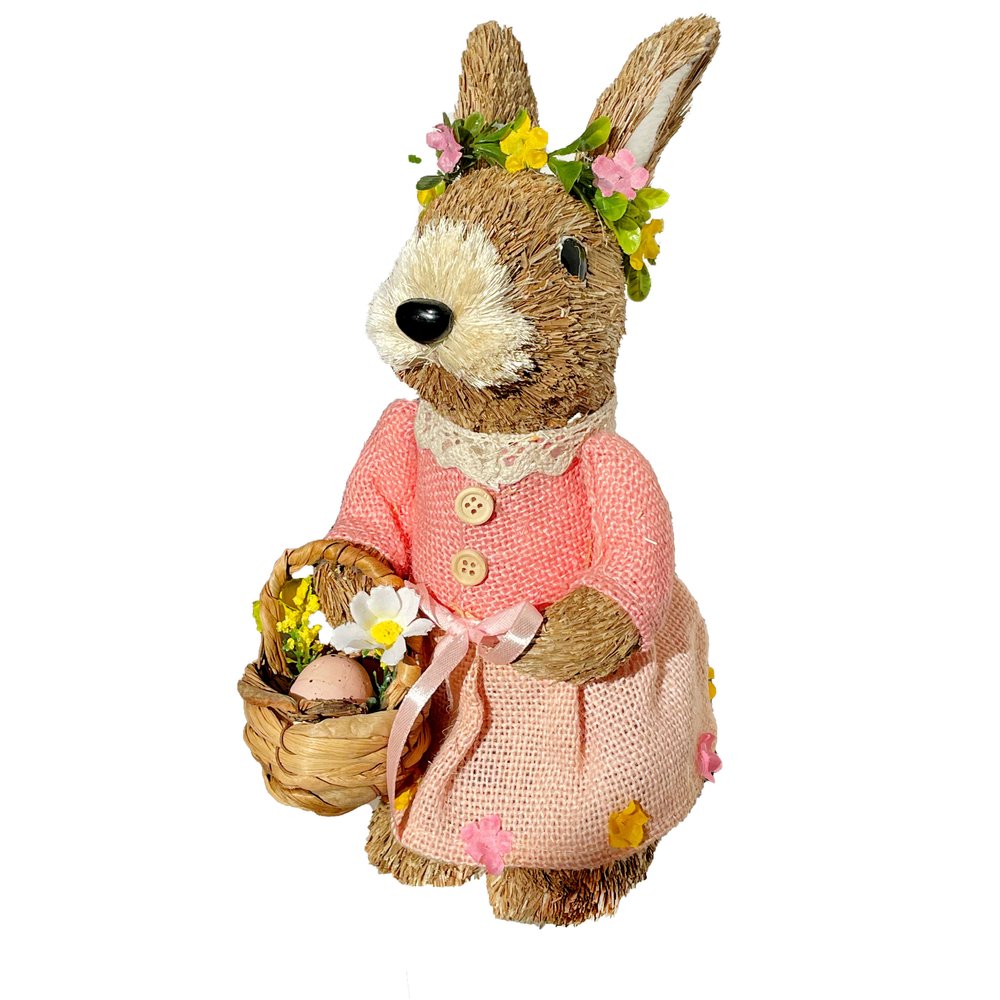 11" Brown And Pink Straw Rabbit Easter Easter Bunny Figurine HomeRoots