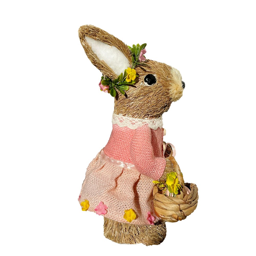 11" Brown And Pink Straw Rabbit Easter Easter Bunny Figurine HomeRoots