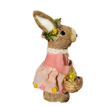 11" Brown And Pink Straw Rabbit Easter Easter Bunny Figurine HomeRoots