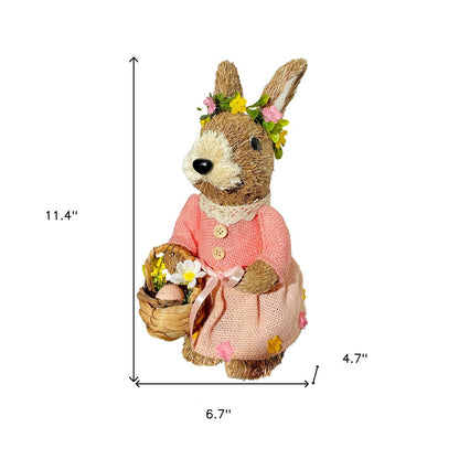 11" Brown And Pink Straw Rabbit Easter Easter Bunny Figurine HomeRoots