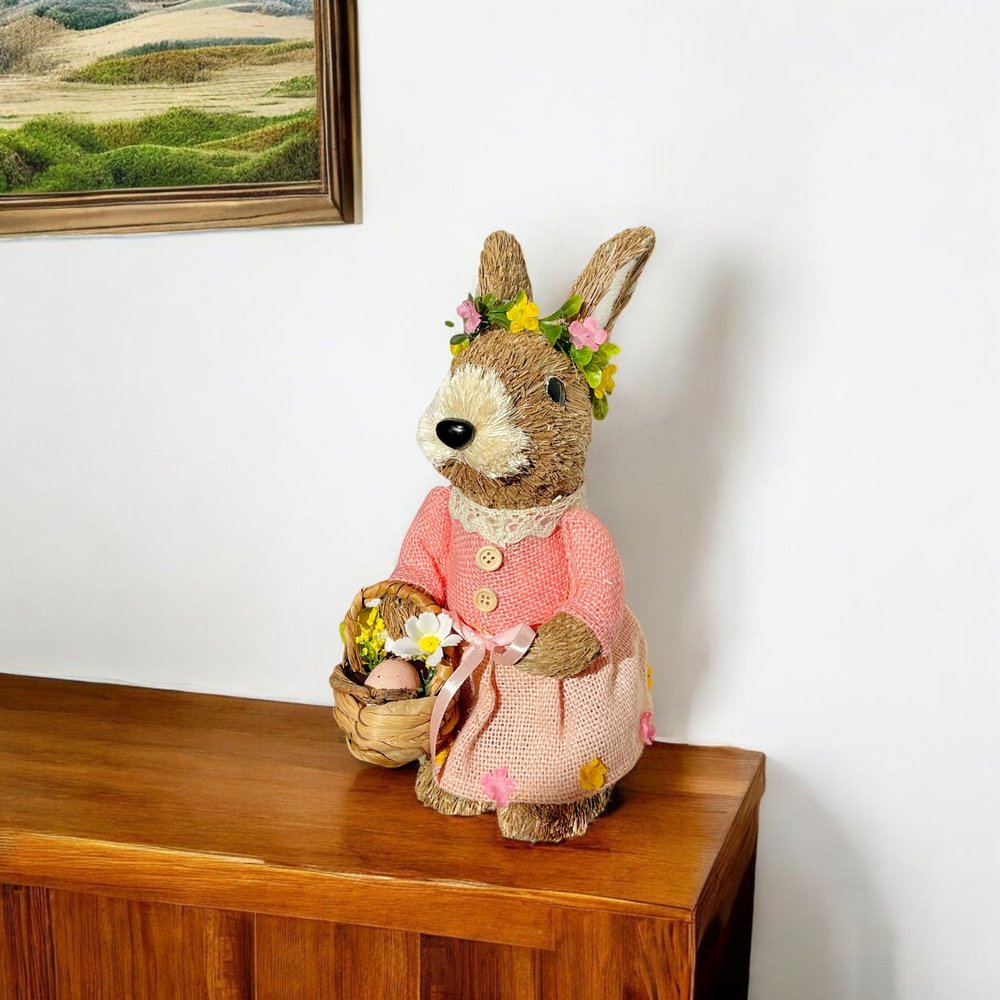 11" Brown And Pink Straw Rabbit Easter Easter Bunny Figurine HomeRoots