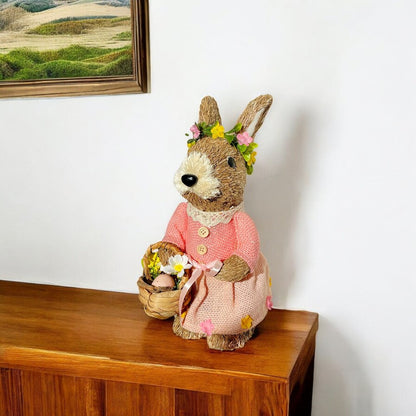 11" Brown And Pink Straw Rabbit Easter Easter Bunny Figurine HomeRoots