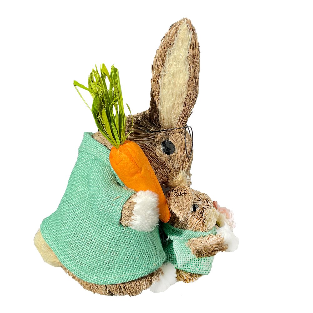 11" Baby Blue Brown And Orange Straw Rabbit Easter Easter Bunny Figurine HomeRoots