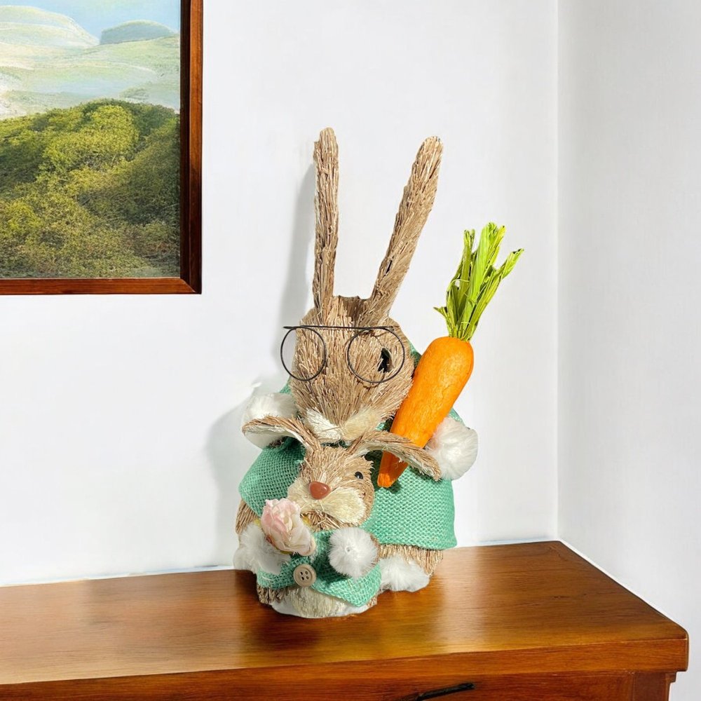 11" Baby Blue Brown And Orange Straw Rabbit Easter Easter Bunny Figurine HomeRoots