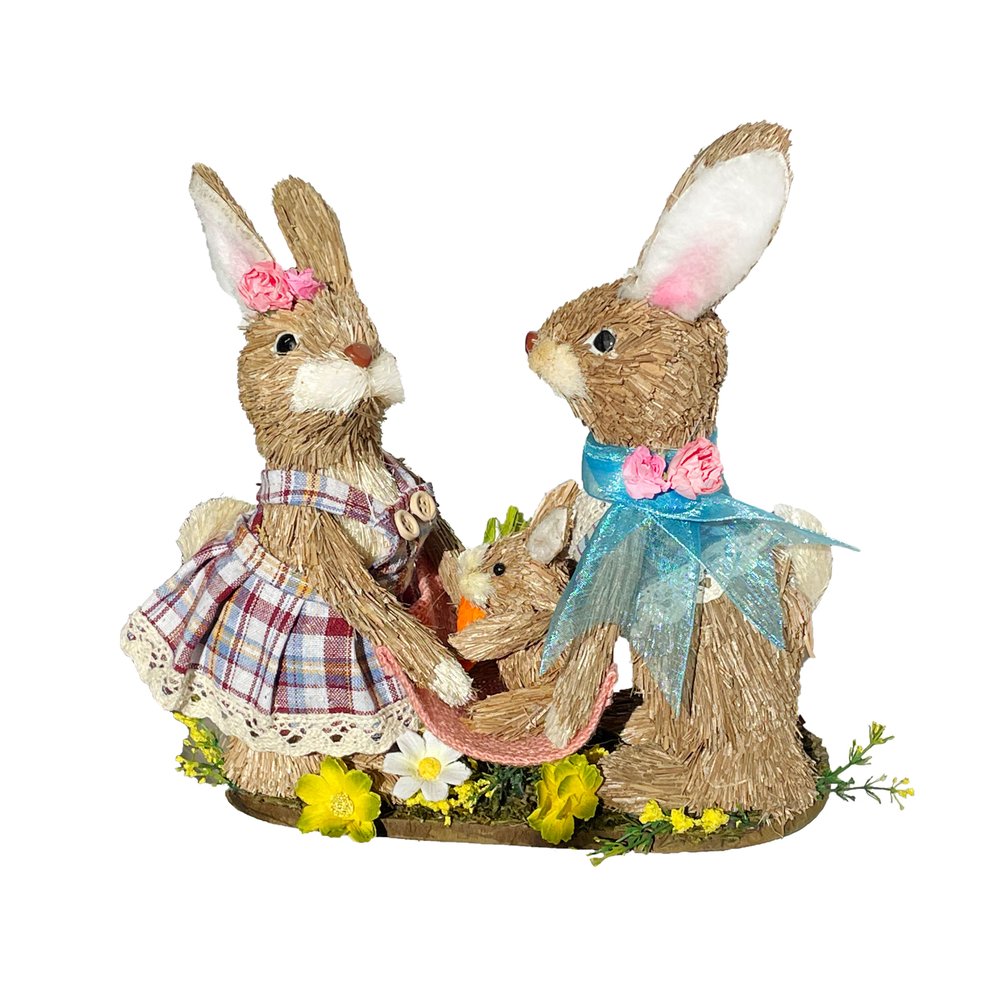 10" Blue Pink And Brown Straw Rabbit Easter Easter Bunny Figurine HomeRoots