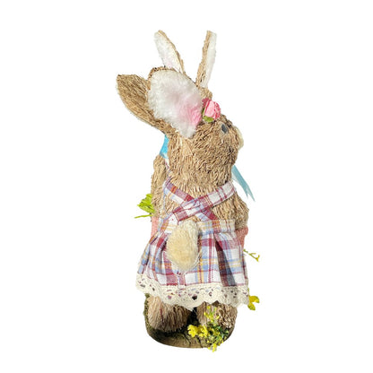 10" Blue Pink And Brown Straw Rabbit Easter Easter Bunny Figurine HomeRoots