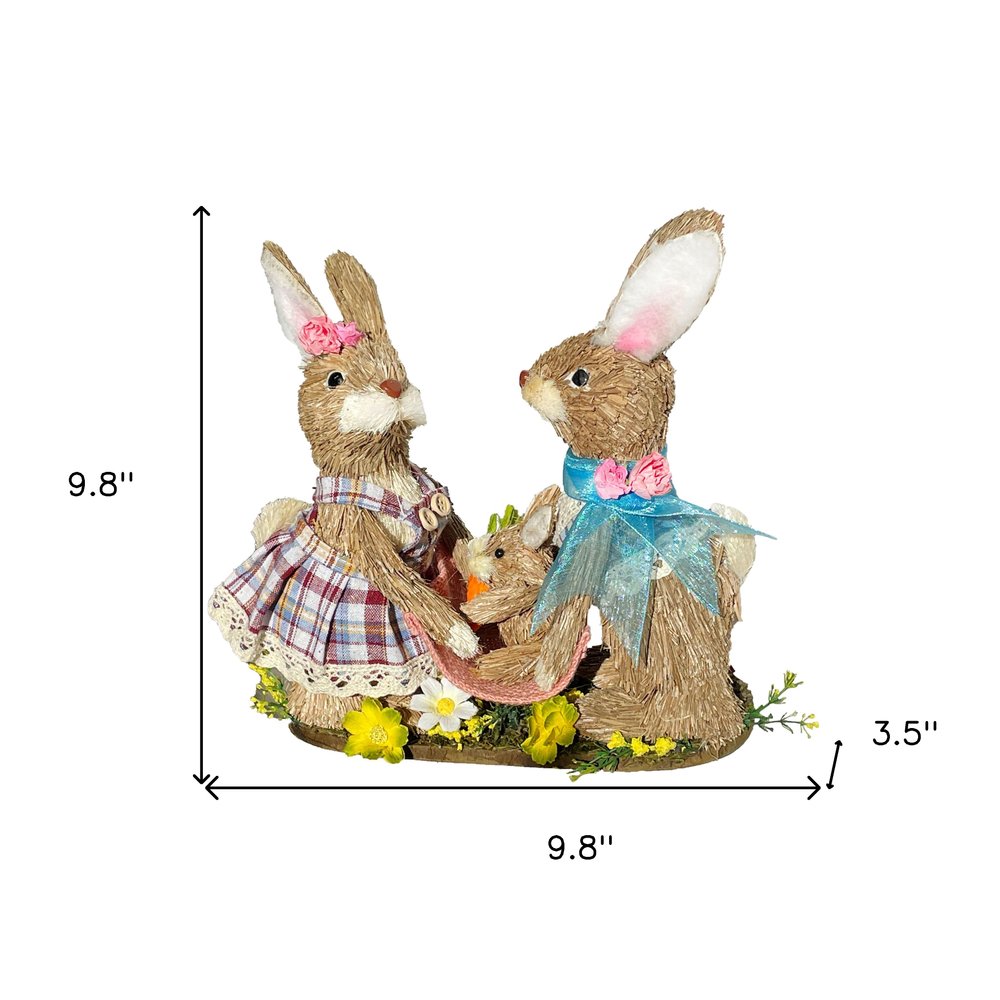 10" Blue Pink And Brown Straw Rabbit Easter Easter Bunny Figurine HomeRoots