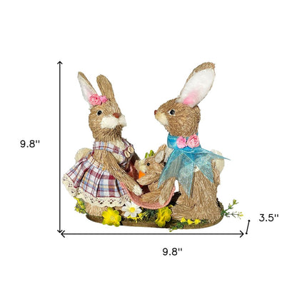 10" Blue Pink And Brown Straw Rabbit Easter Easter Bunny Figurine HomeRoots