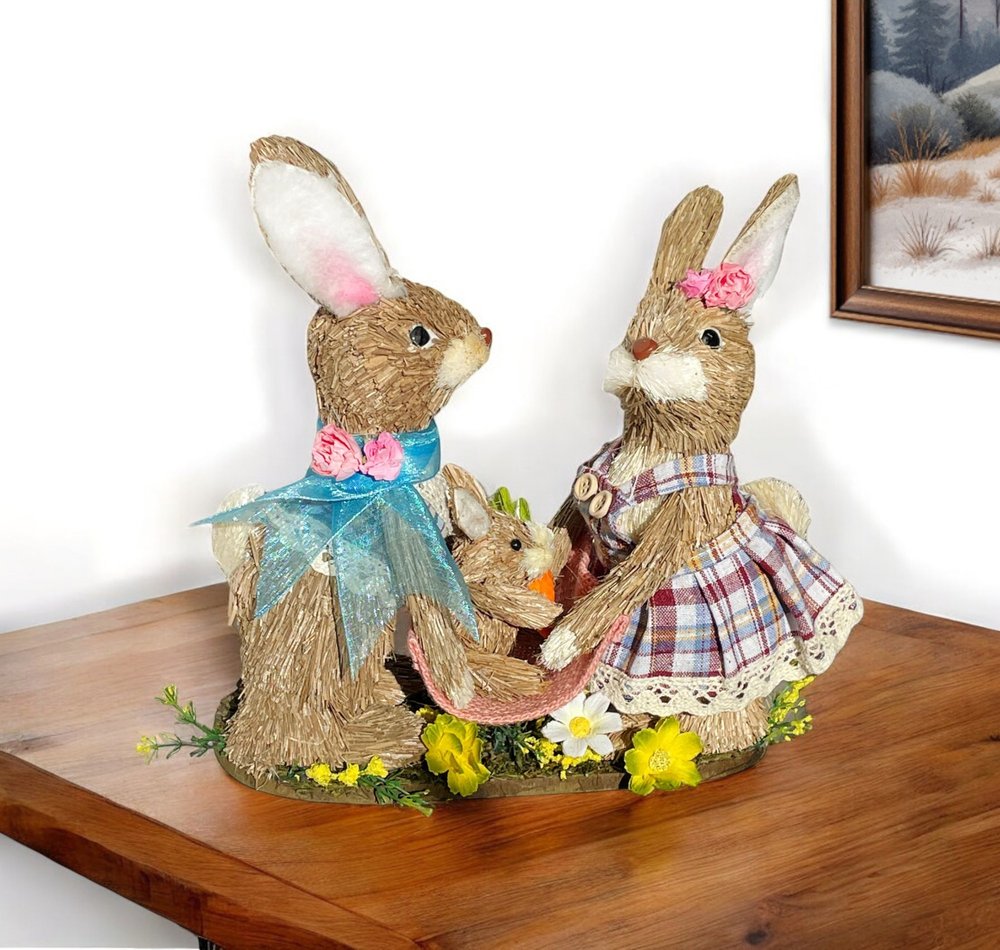 10" Blue Pink And Brown Straw Rabbit Easter Easter Bunny Figurine HomeRoots