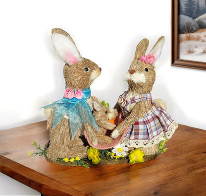 10" Blue Pink And Brown Straw Rabbit Easter Easter Bunny Figurine HomeRoots
