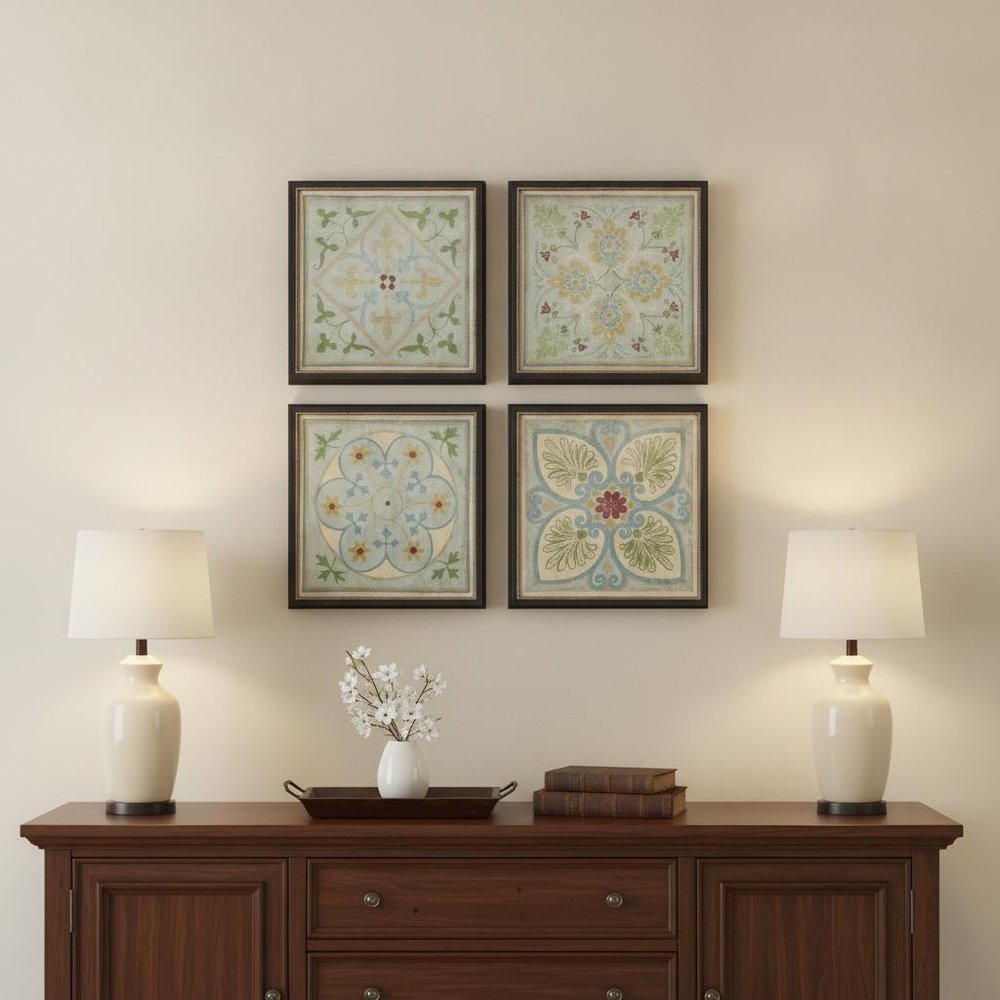 Set Of Four Verdigris Pattern Black Framed Print Wall Art