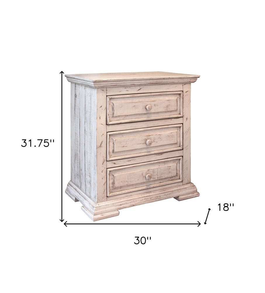 32" White Solid Wood Three Drawer Nightstand — view 3