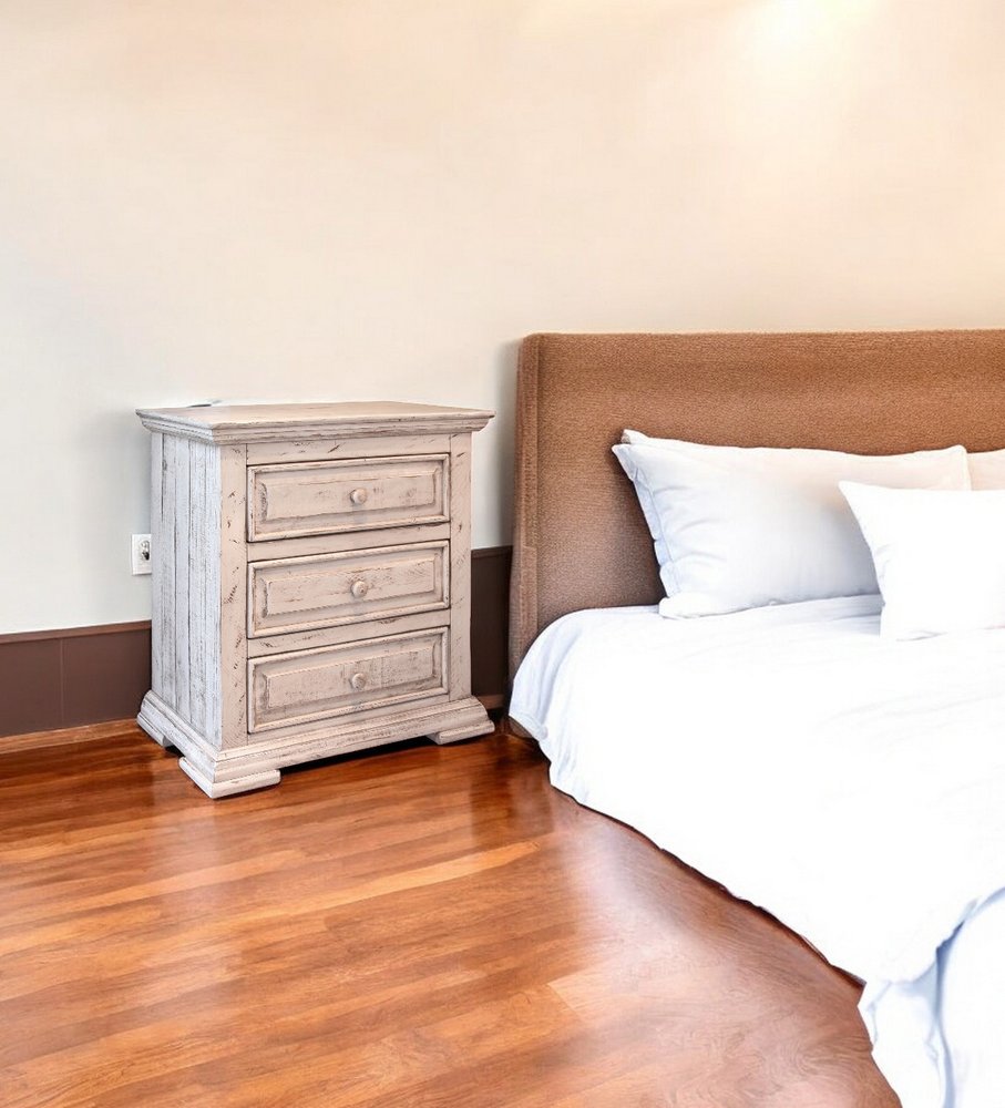 32" White Solid Wood Three Drawer Nightstand HomeRoots