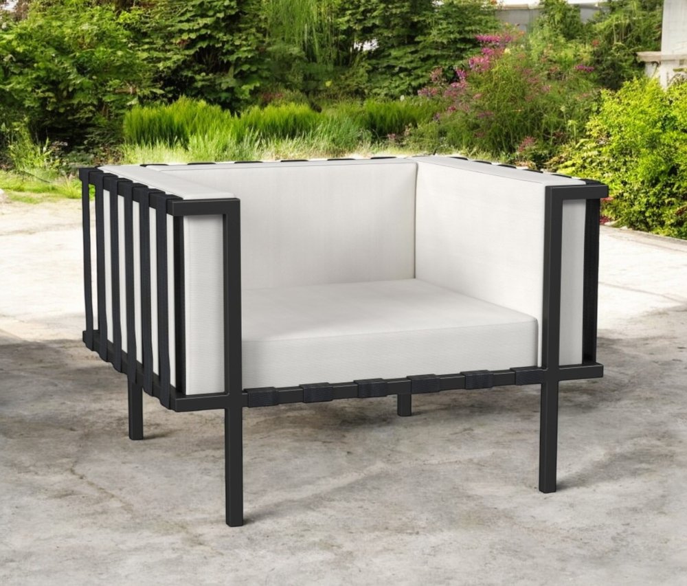 33" Black Metal Outdoor Arm Chair with Off White Cushion HomeRoots