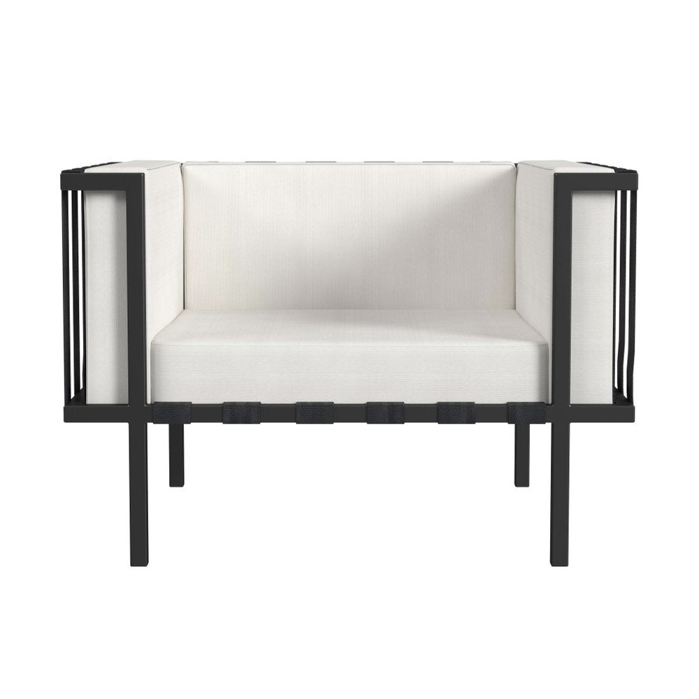 33" Black Metal Outdoor Arm Chair with Off White Cushion HomeRoots