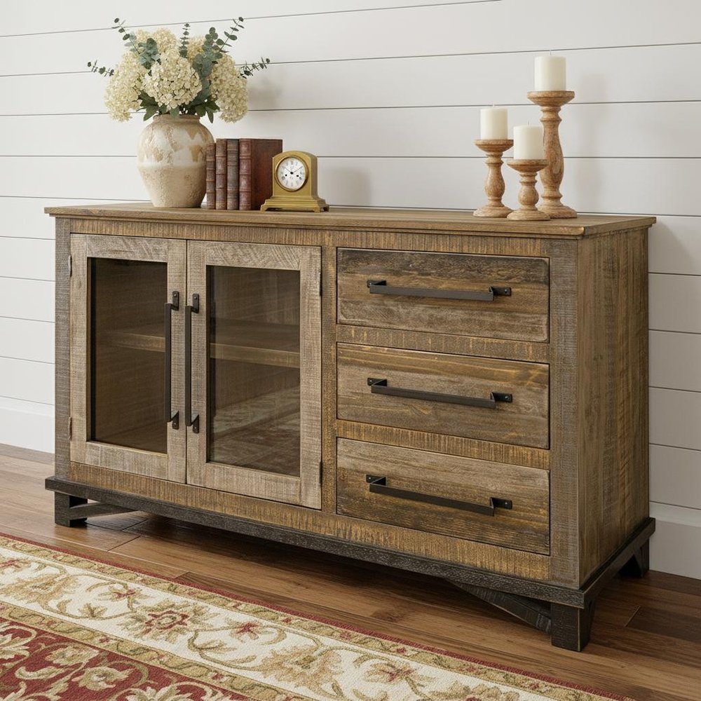 60" Brown Solid and Manufactured Wood Distressed Buffet Table HomeRoots