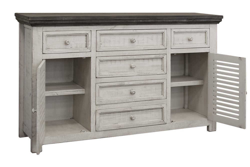 70" Antiqued White Solid and Manufactured Wood Distressed Buffet Table — view 1