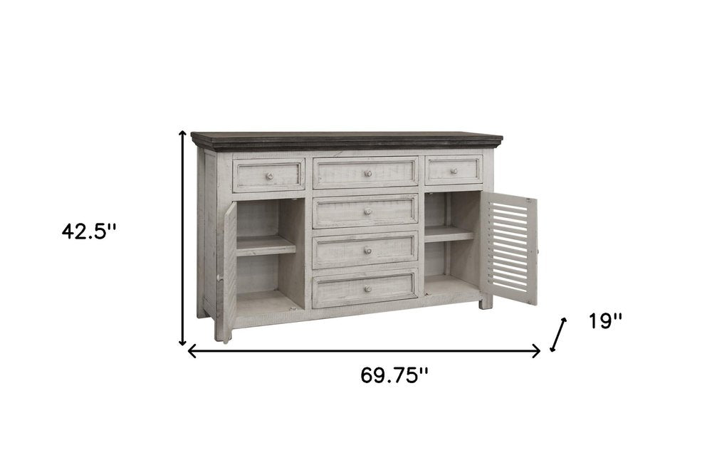 70" Antiqued White Solid and Manufactured Wood Distressed Buffet Table — view 2