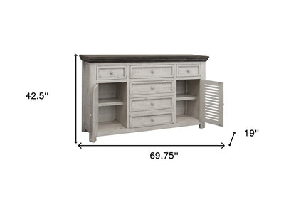 70" Antiqued White Solid and Manufactured Wood Distressed Buffet Table