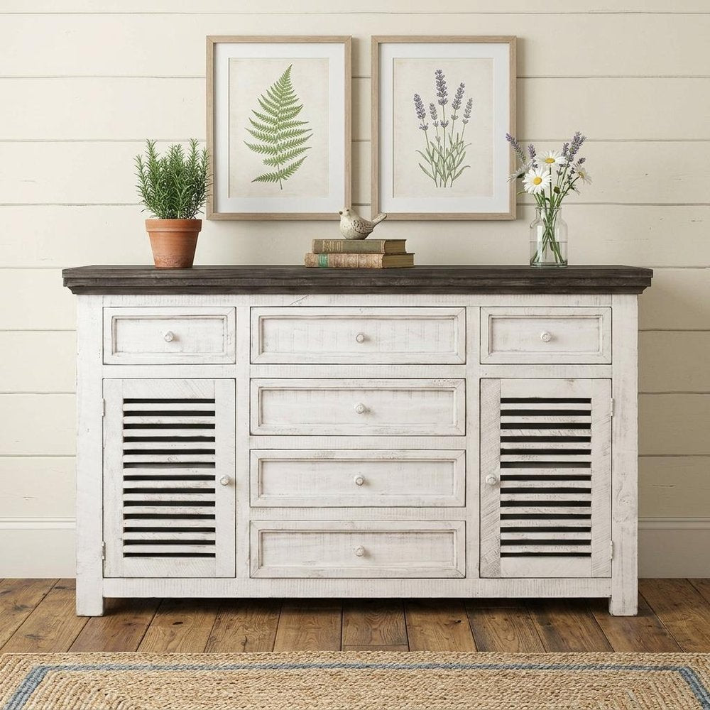 70" Antiqued White Solid and Manufactured Wood Distressed Buffet Table — view 4