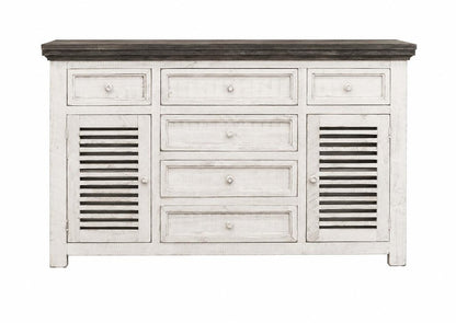 70" Antiqued White Solid and Manufactured Wood Distressed Buffet Table