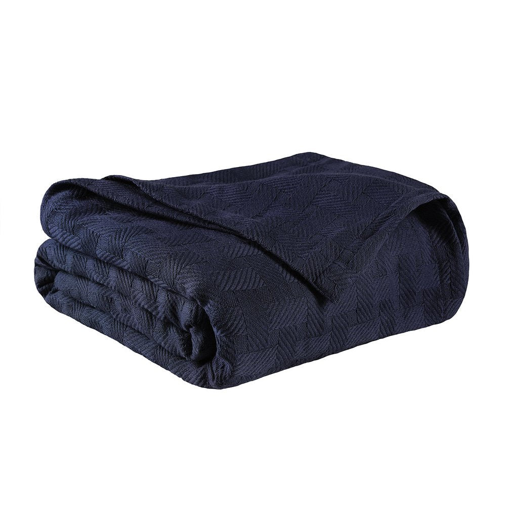 Queen Navy Blue Cotton Geometric Basketweave Blanket — view 1