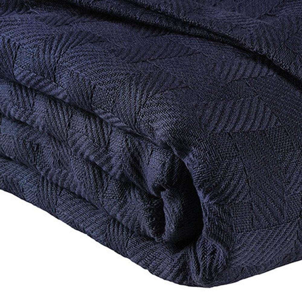 Queen Navy Blue Cotton Geometric Basketweave Blanket — view 4