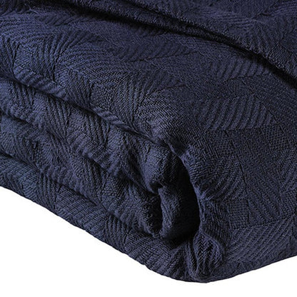 Queen Navy Blue Cotton Geometric Basketweave Blanket