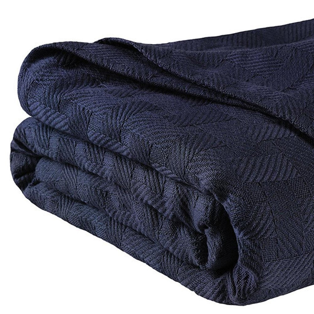 Queen Navy Blue Cotton Geometric Basketweave Blanket — view 5