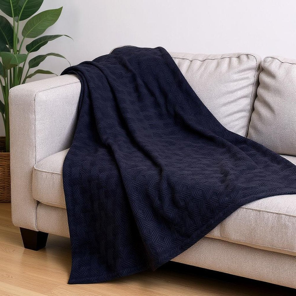 Queen Navy Blue Cotton Geometric Basketweave Blanket — view 3