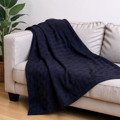 Queen Navy Blue Cotton Geometric Basketweave Blanket