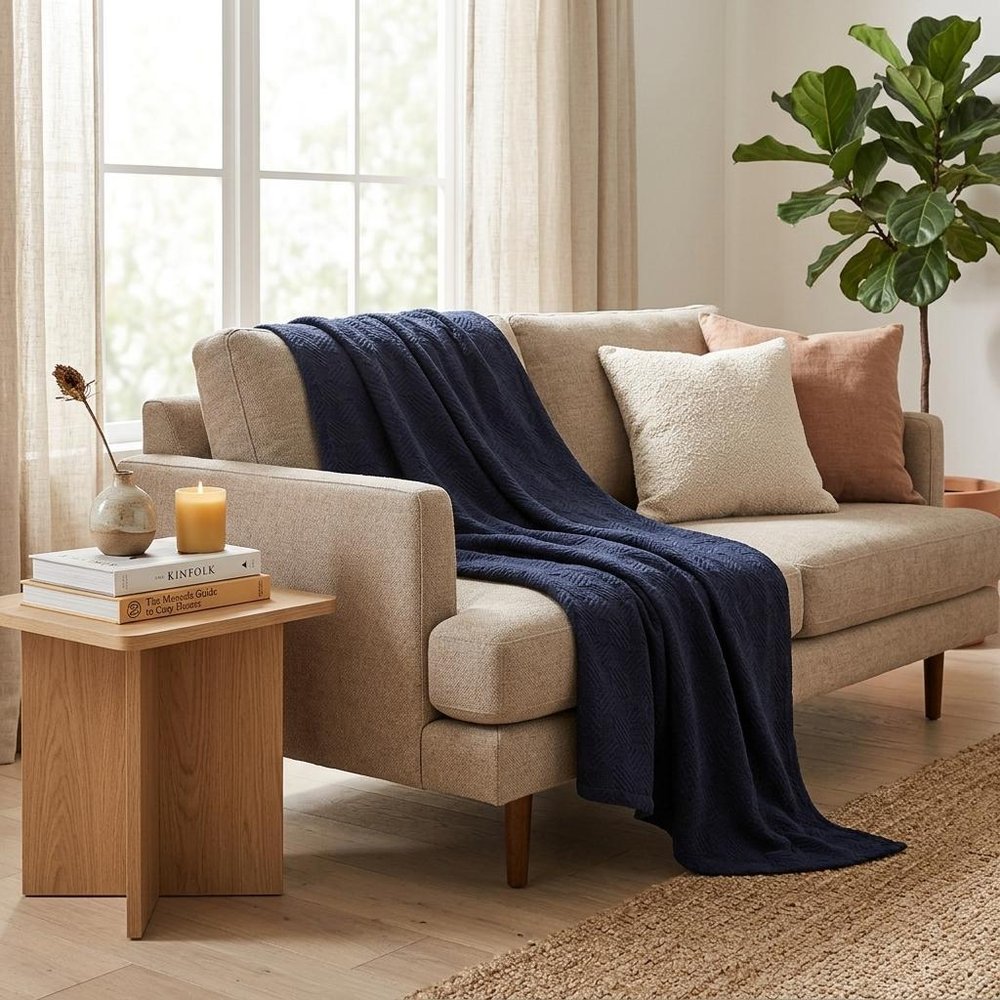 King Navy Blue Cotton Basketweave Geometric Blanket — view 8