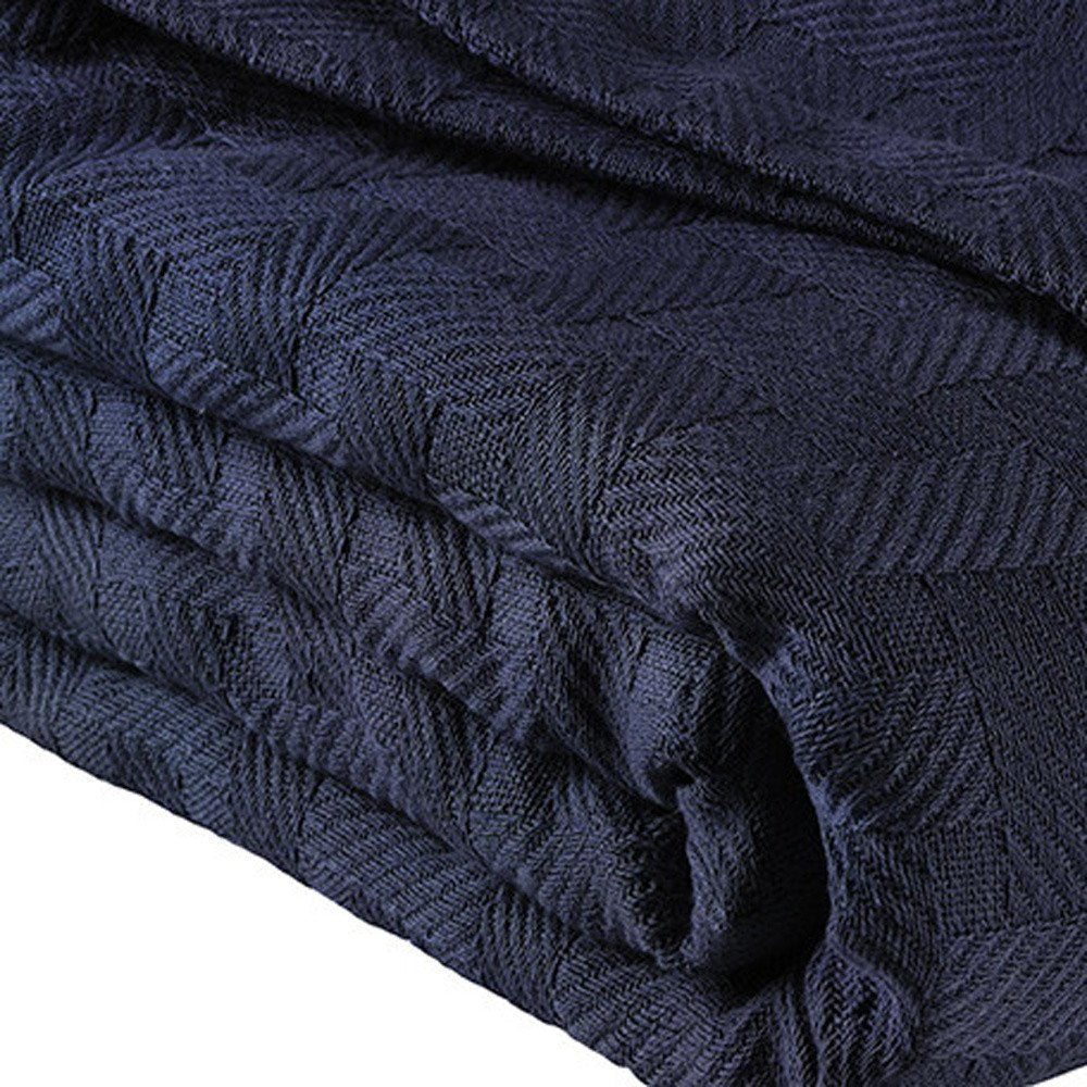 King Navy Blue Cotton Basketweave Geometric Blanket — view 5