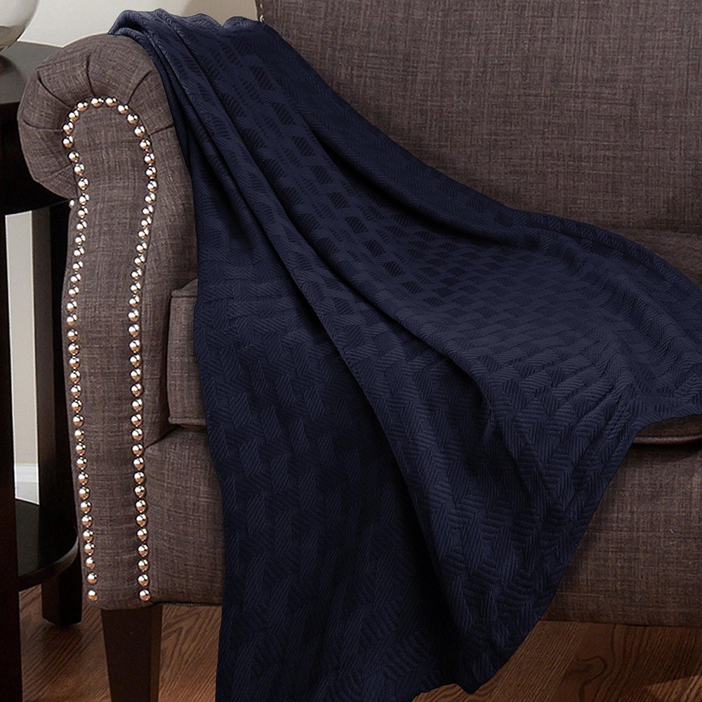 King Navy Blue Cotton Basketweave Geometric Blanket — view 2