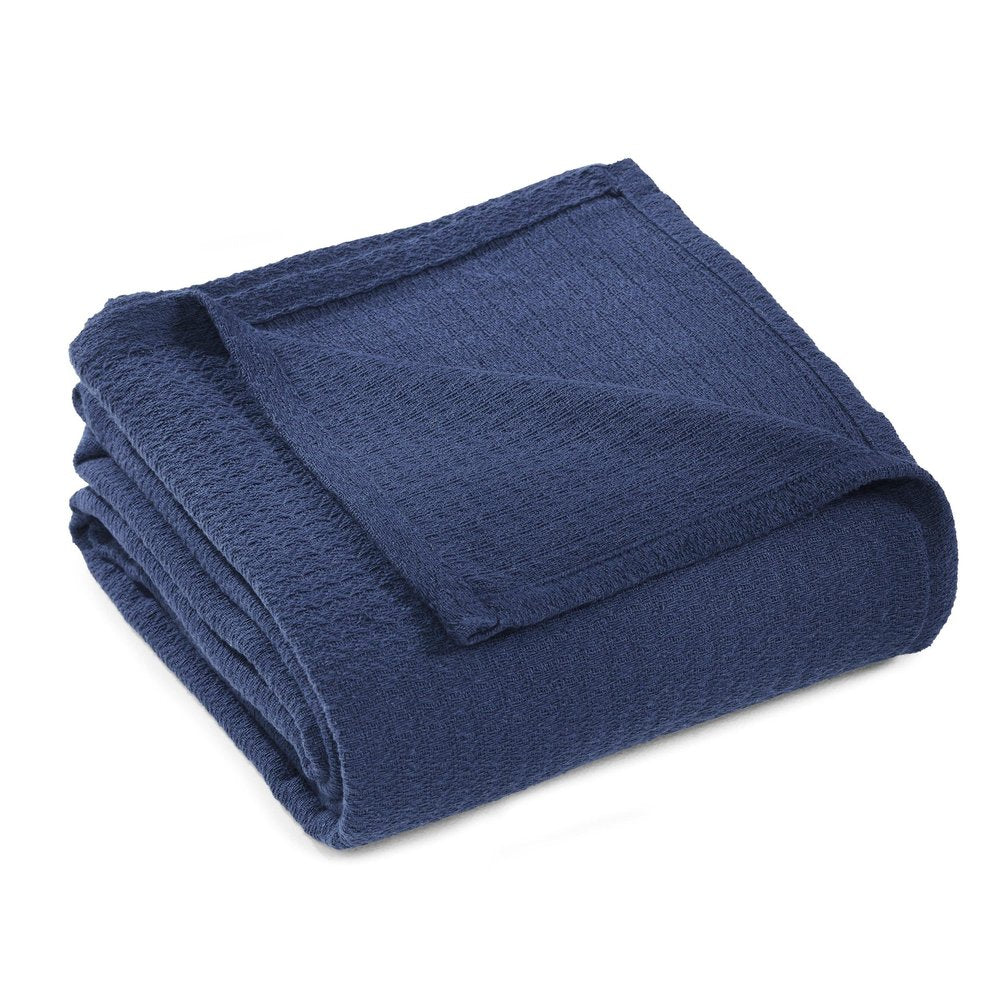 Queen Navy Blue Cotton Waffle Weave Blanket — view 1