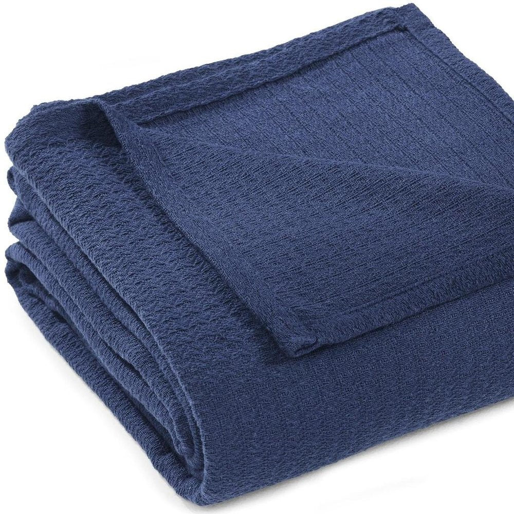 Queen Navy Blue Cotton Waffle Weave Blanket — view 3