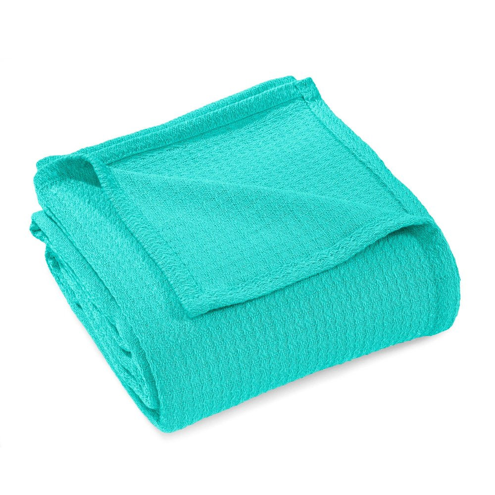 Queen Turquoise Cotton Waffle Weave Blanket — view 1