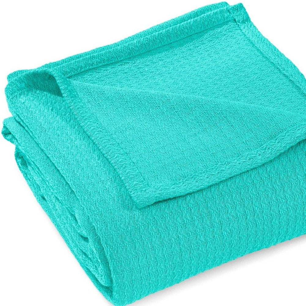 Queen Turquoise Cotton Waffle Weave Blanket — view 3