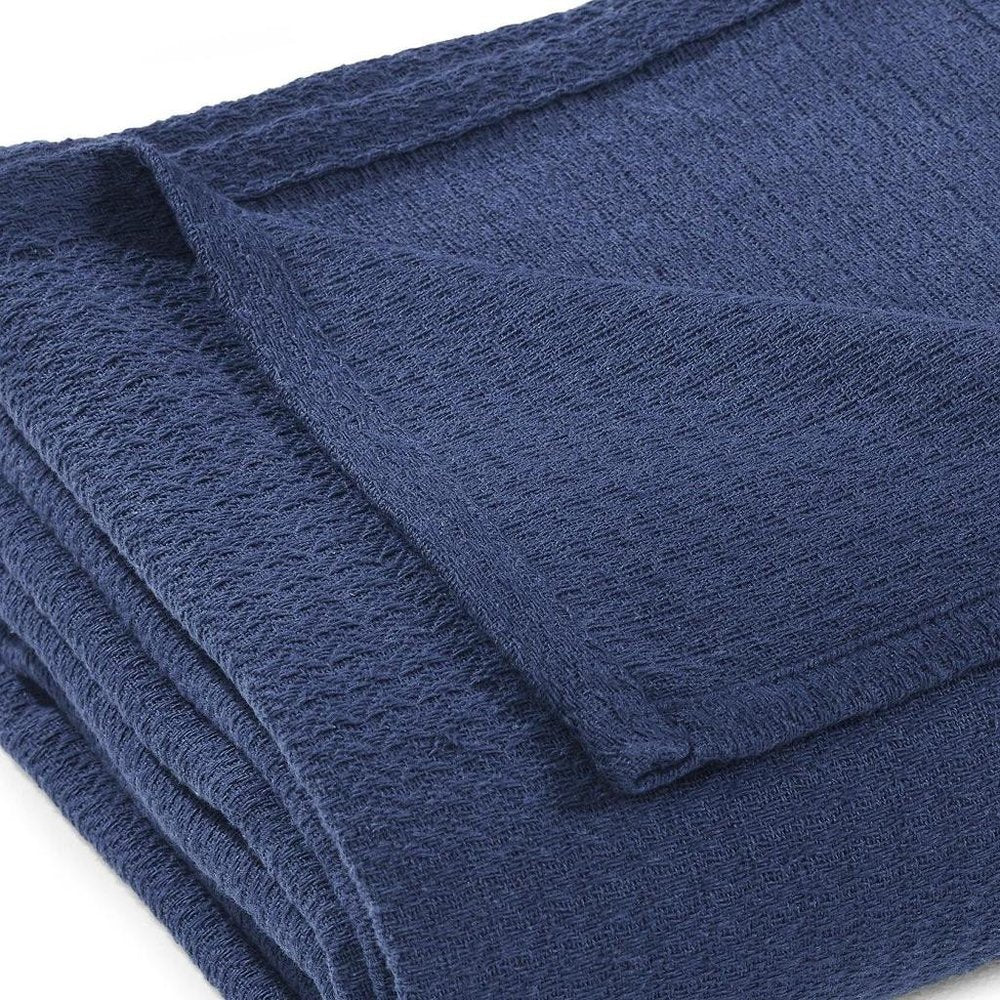 King Navy Blue Cotton Waffle Weave Blanket — view 4