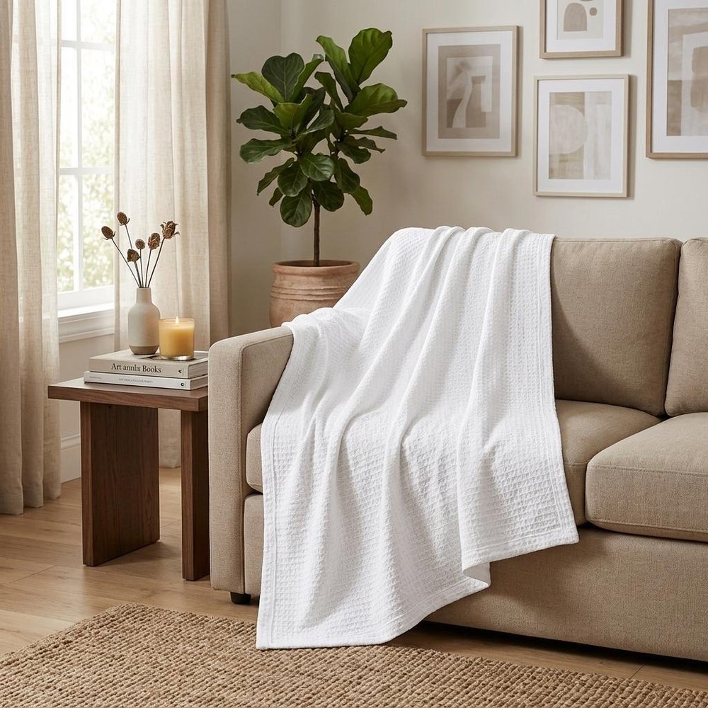 King White Cotton Waffle Weave Honeycomb Blanket — view 9