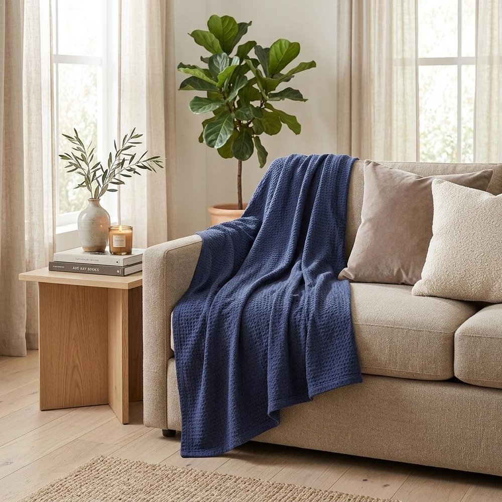 Twin Navy Blue Cotton Waffle Weave Blanket — view 5