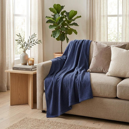 Twin Navy Blue Cotton Waffle Weave Blanket