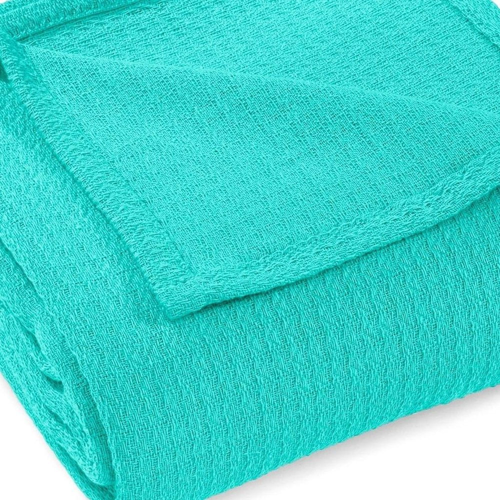 Twin Turquoise Cotton Waffle Weave Blanket — view 3