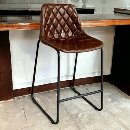 27" Brown And Black Leather And Iron Counter Height Bar Chair