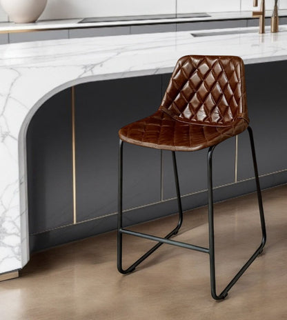 27" Brown and Black Leather and Iron Counter Height Bar Chair HomeRoots