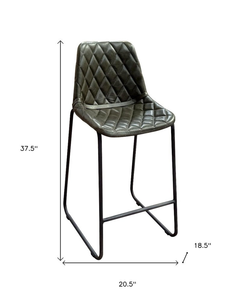 27" Green And Black Leather And Genuine Leather And Iron Counter Height Bar Chair HomeRoots