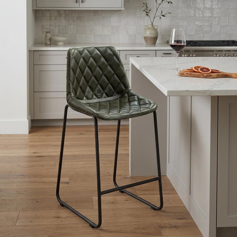 27" Green And Black Leather And Genuine Leather And Iron Counter Height Bar Chair HomeRoots