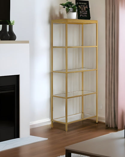 70" Gold Metal and Glass Four Tier Etagere Bookcase